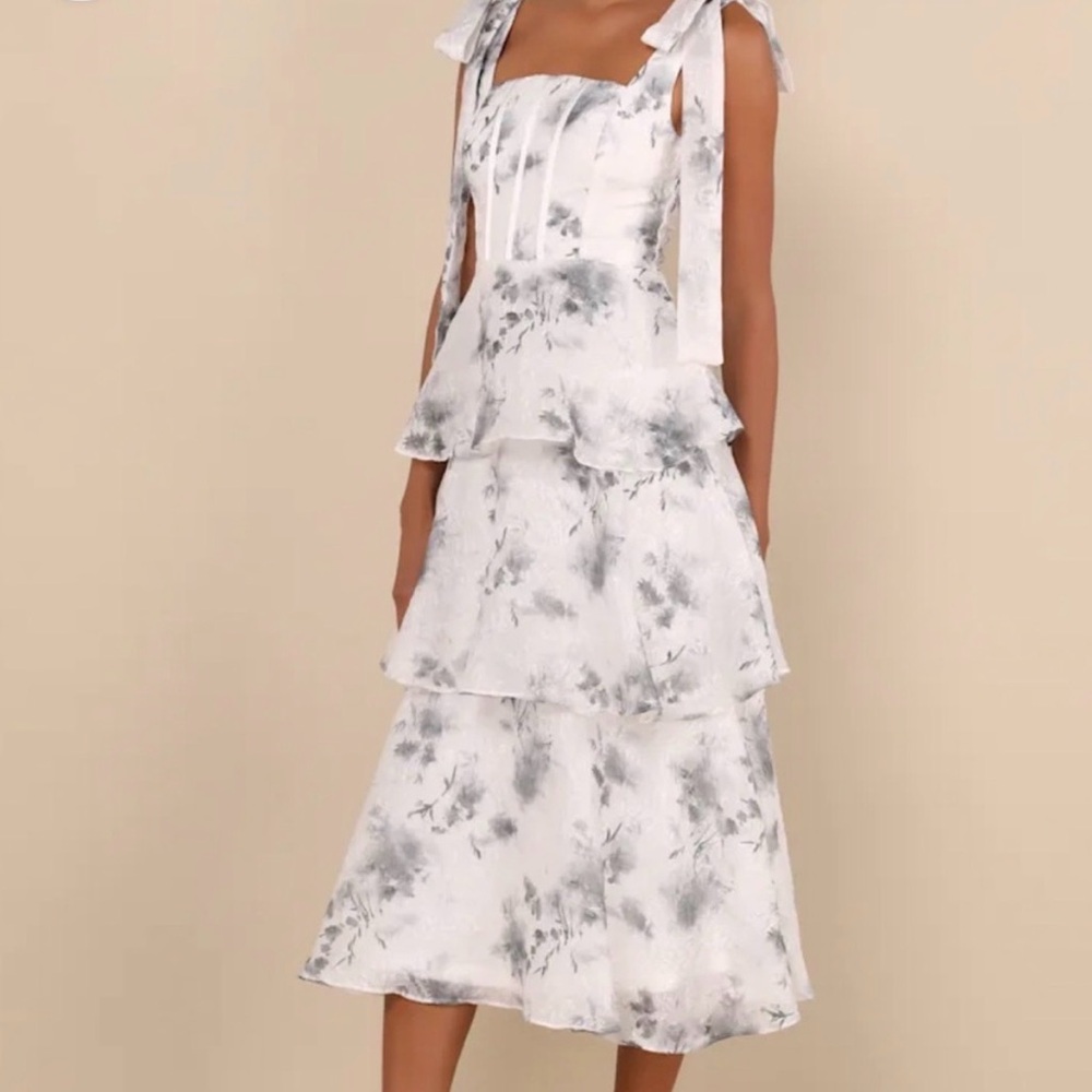 Lulu's White and Gray Floral Midi Dress